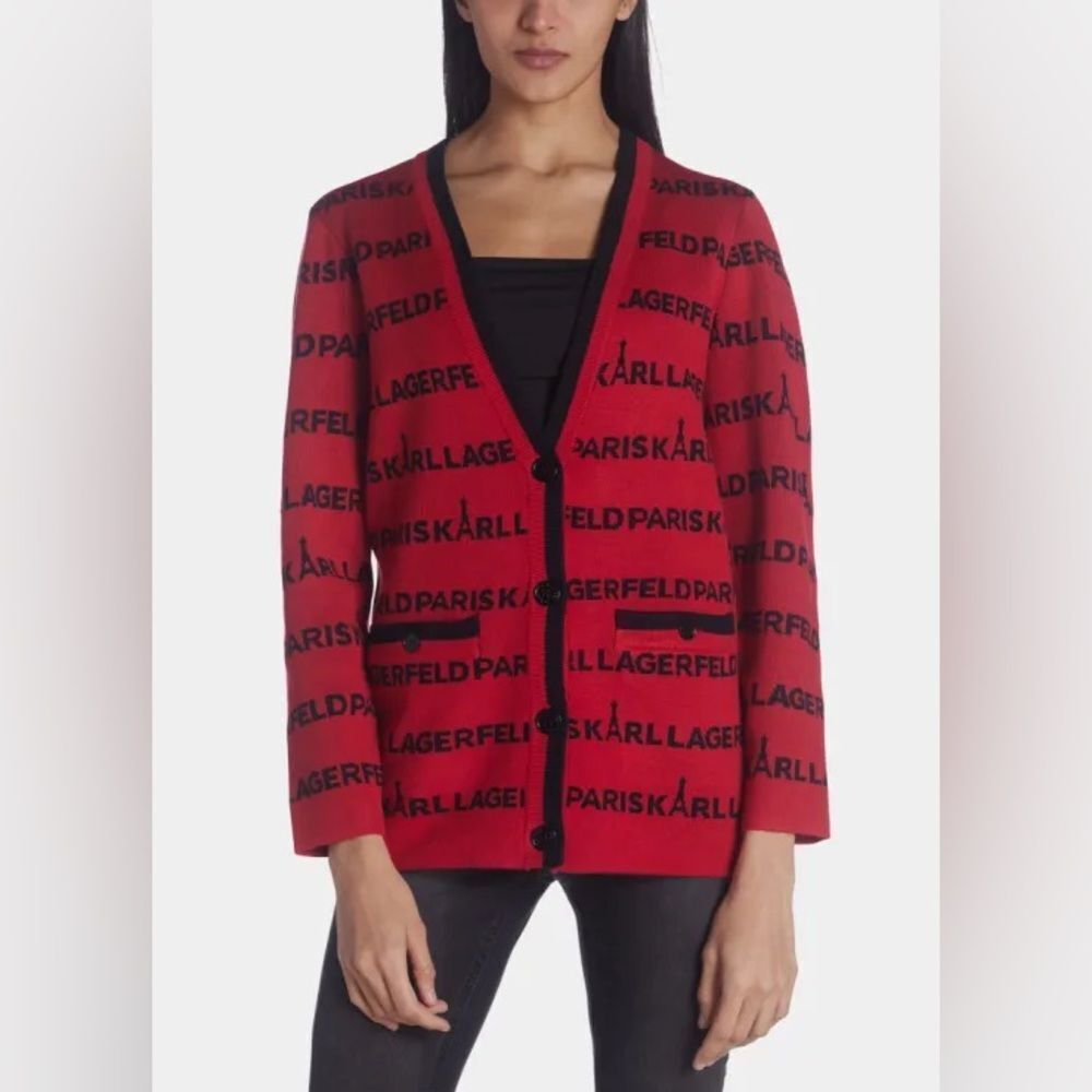 NWT Karl Lagerfeld Red Black Logo Cardigan Sweater Size M